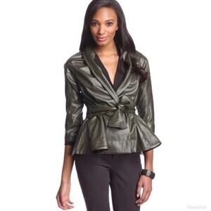 Byron Lars‎ Beauty Mark olive green faux leather belted jacket size 8 NWT